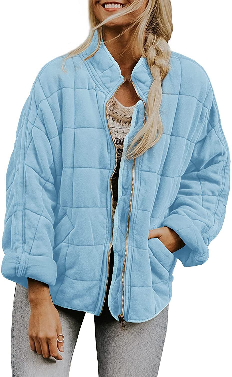 New Winter Zip-up Stand Collar Coat With Pockets Fashion Solid Color Plaid Long Sleeved Jacket Women's Clothing