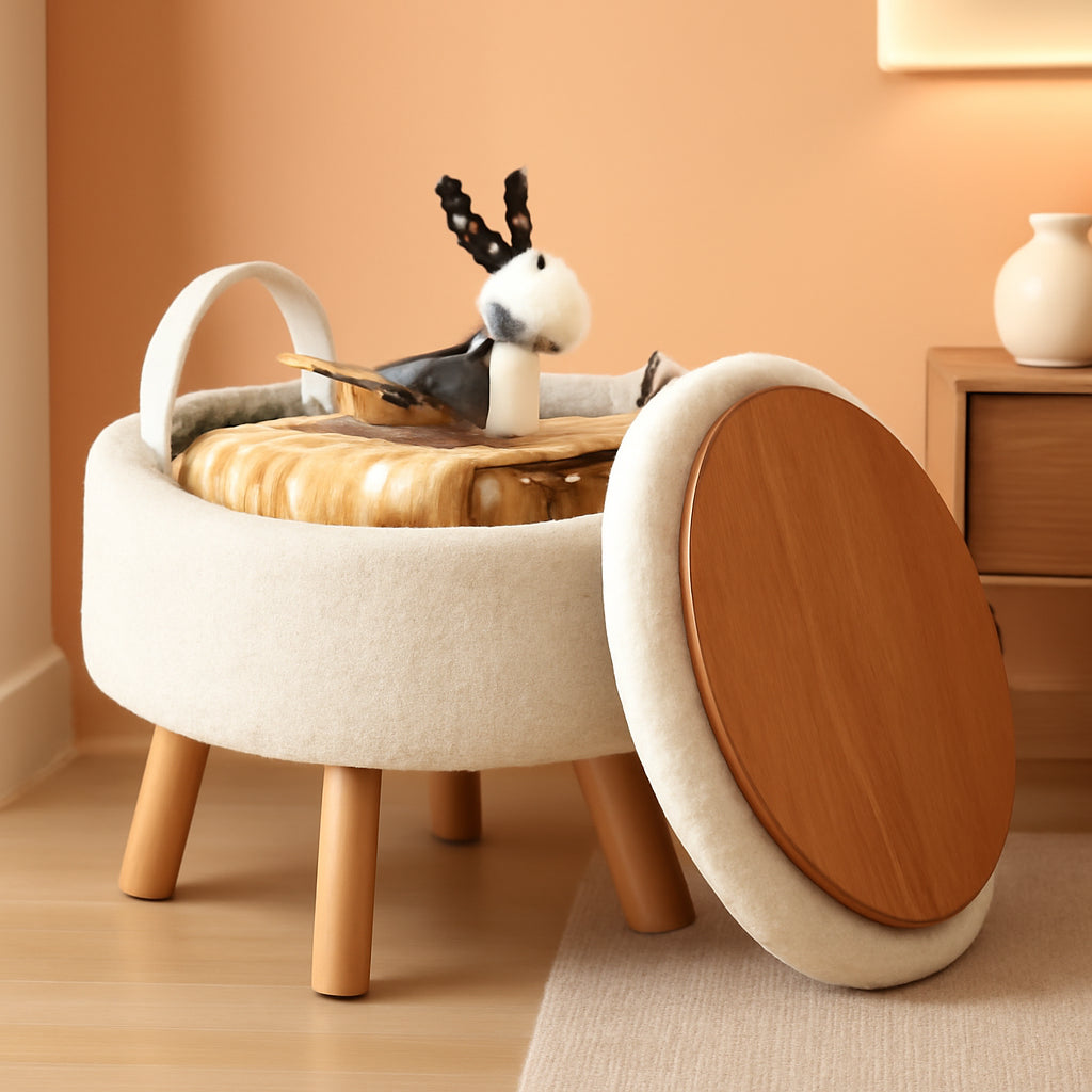 NEW Cream Velvet Round Storage Ottoman With Solid Wood Legs