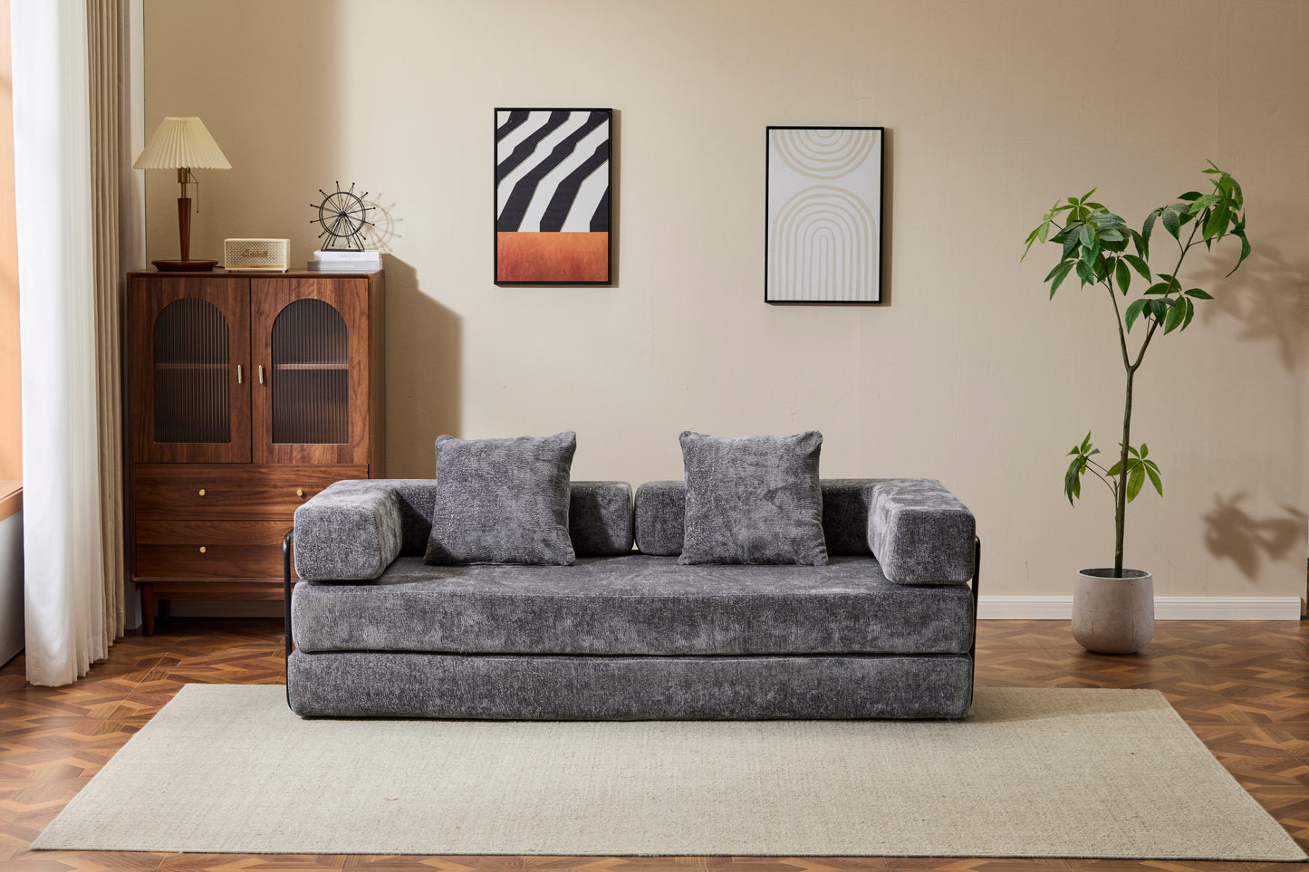 NEW Floor Couch,Compression Sofa,Convertible Floor Sofa Bed-with Pillow Back Support Armrest,Comfy Futon Couch Lounge Sleeper Bed,Chenile fabric,for Living Room Bedroom (DARK-GREY)