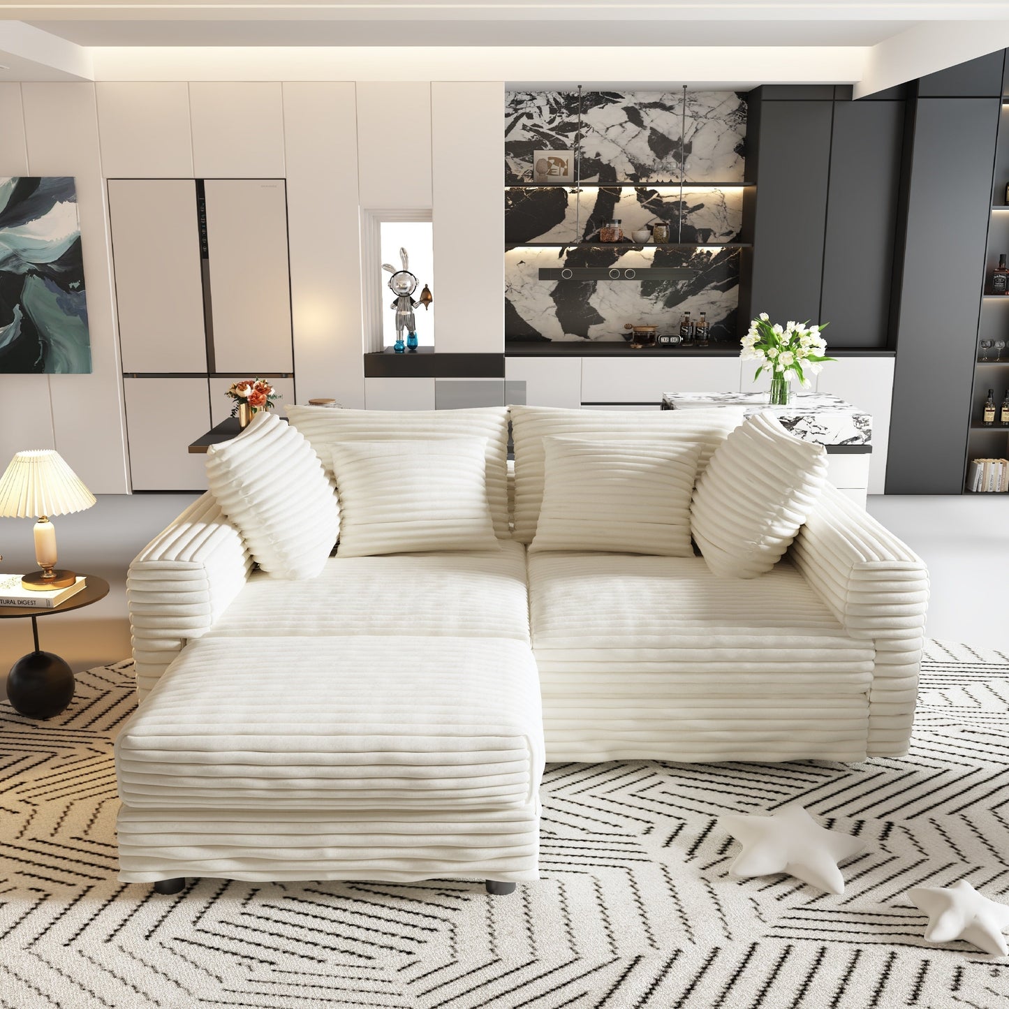 NEW 102.4' Plush Corduroy 4-Seat Beige Modern Comfy Upholstered Sofa Cloud Deep Seat Couch