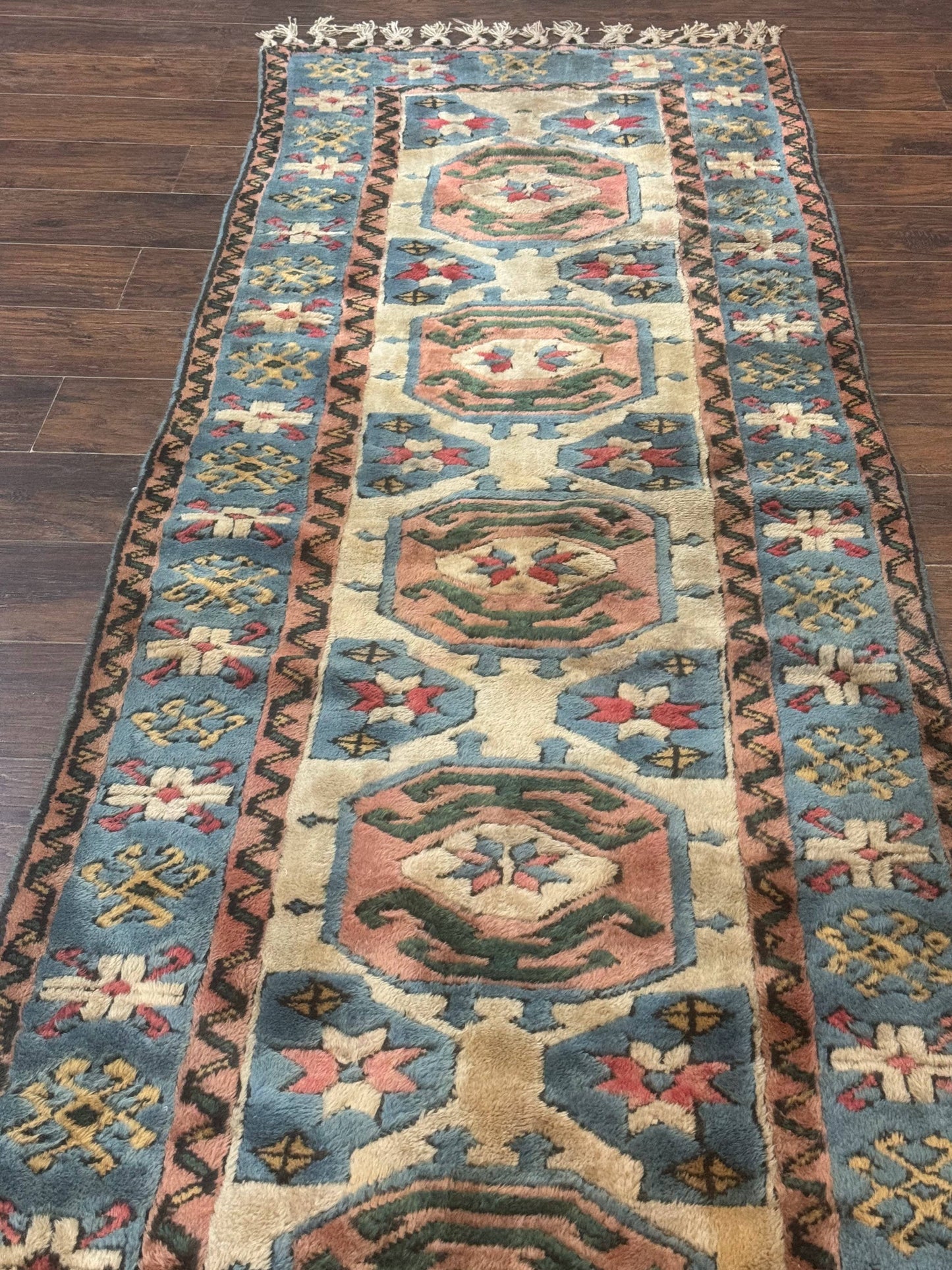 USED Turkish Kazak Runner Rug 3x11, Cream and Light Blue, Vintage
