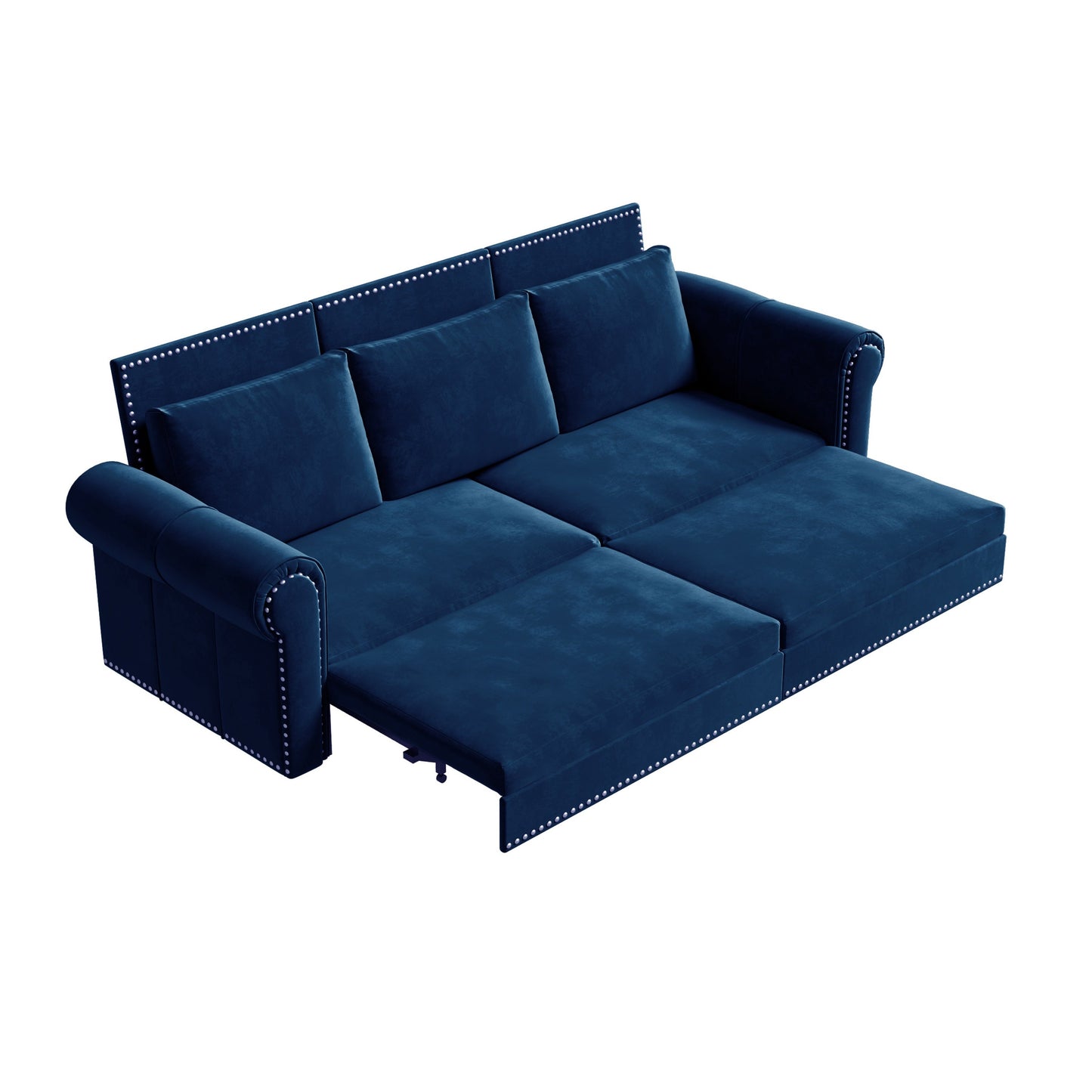 NEW 93.7 ' King Pull Out Sofa Bed, Chesterfield Sofa, 3-in-1 Velvet Convertible Sleeper Sofa with Nailhead Trim & Rolled Arm, Multi-Functional Sofa Bed for Living Room, Bedroom, Apartment, Office, Blue