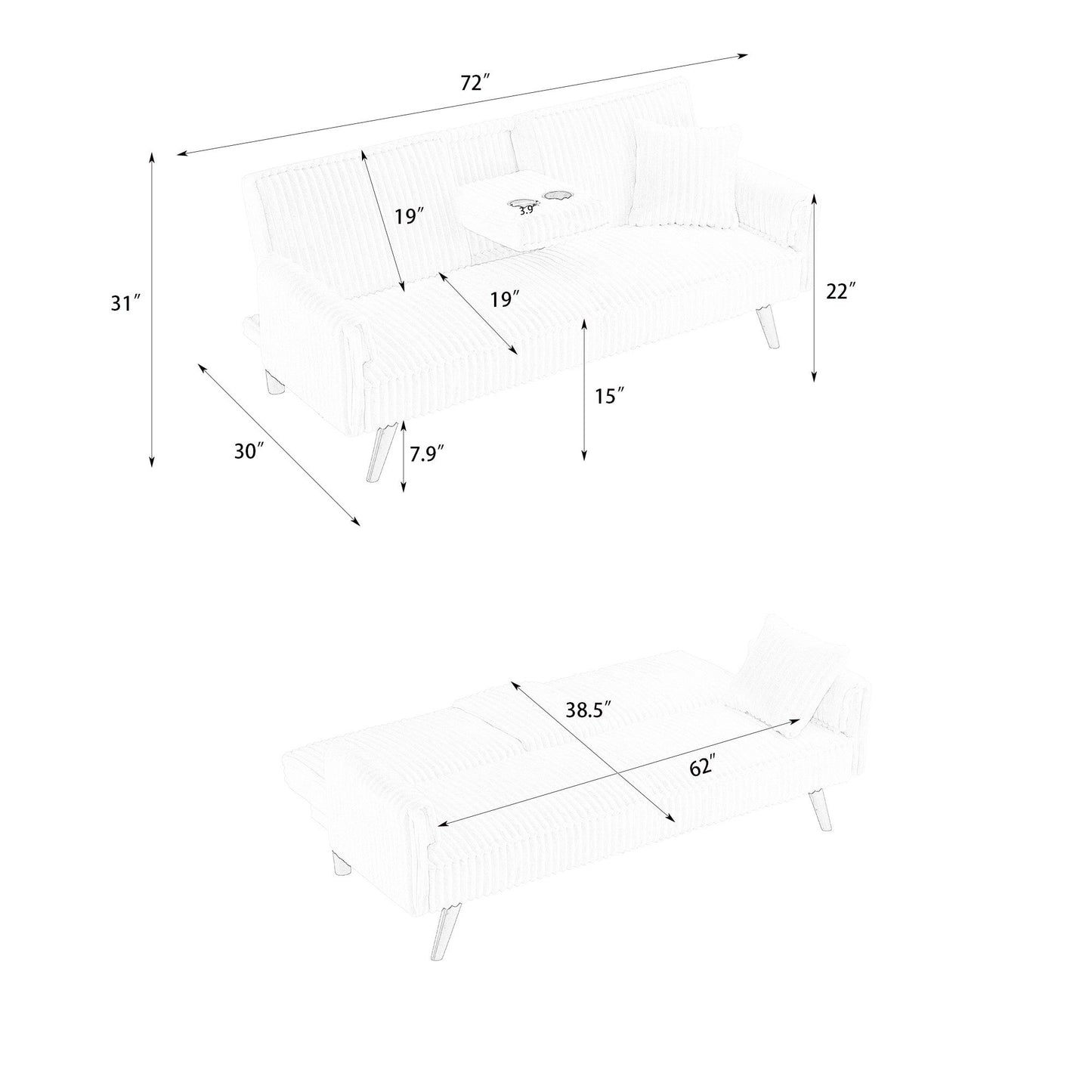 NEW Black Corduroy Fabric 2 Seat Loveseat Sofa Couch with 2 Cup Holders