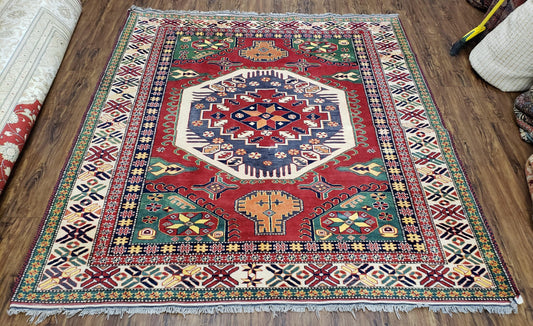 USED Vintage Turkish Kazak Area Rug, 6ft Square Rug, 6x6 Square Oriental Carpet, Hand-Knotted, Wool, Bold Colors, Red Blue Green, Geometric Rug