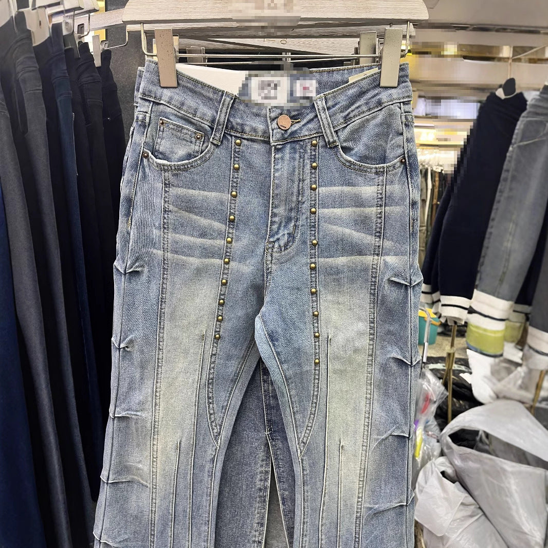 NEW Retro Rivet Heavy-duty Skinny Jeans High Waist Slimming Design
