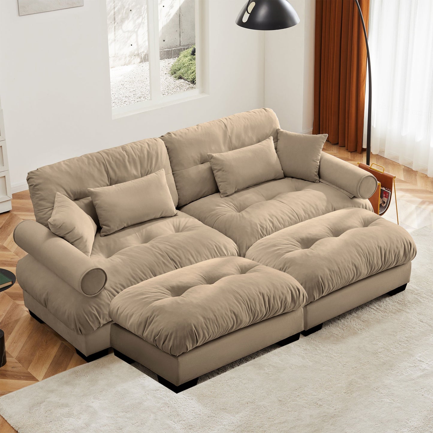 NEW Modern Camel Velvet Two-Seater Sofa with Ottoman