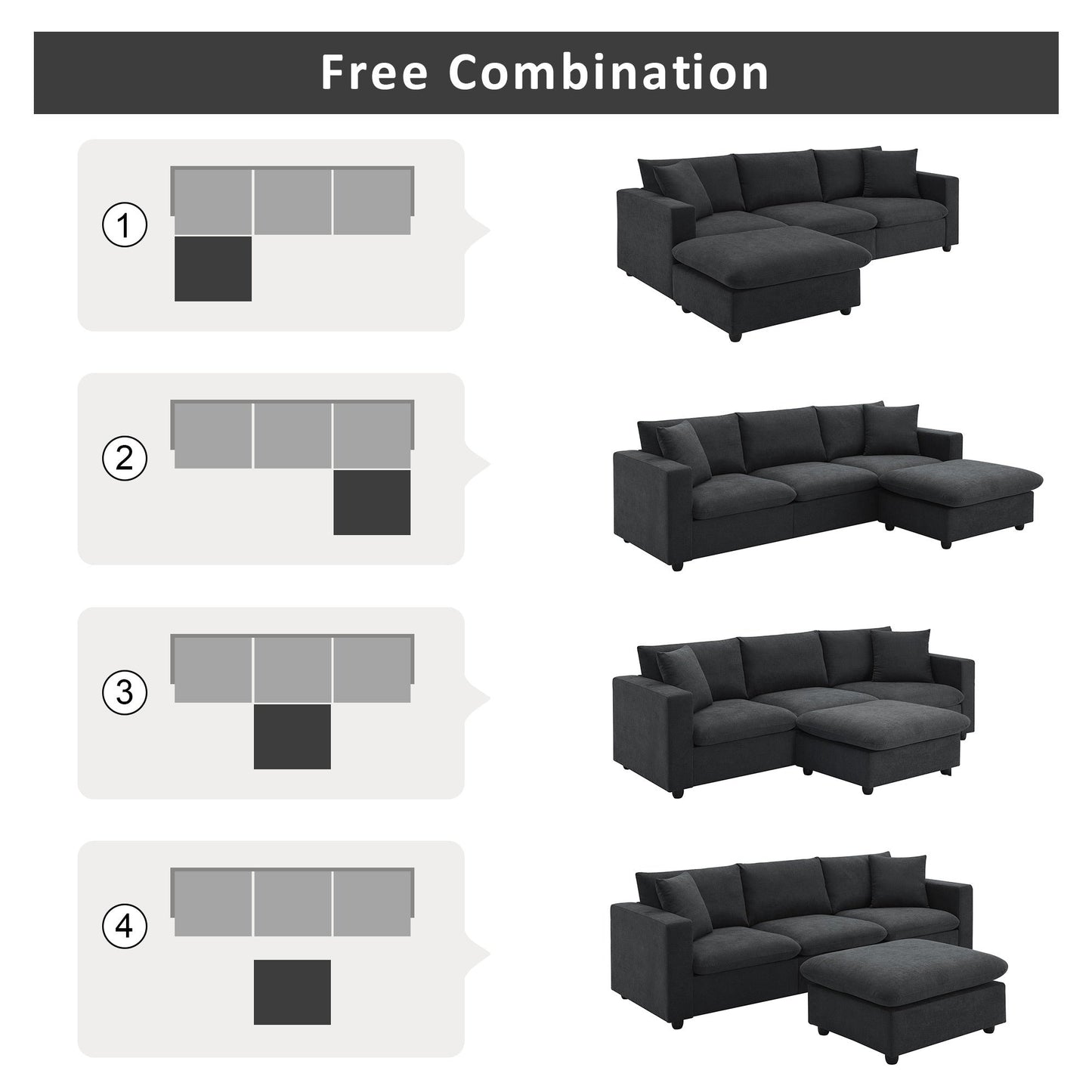 NEW L-shaped 4-Seat Polyester Black Fabric Modern Sectional Sofa