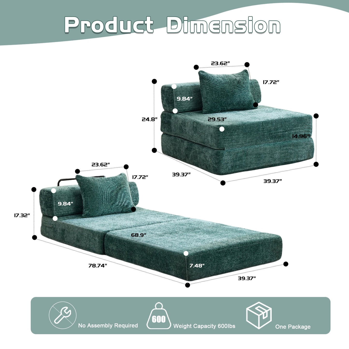 NEW Dark Green Chenille Fabric Compression Convertible Sofa Bed Single Seater Boneless Modular Sectional Sofa