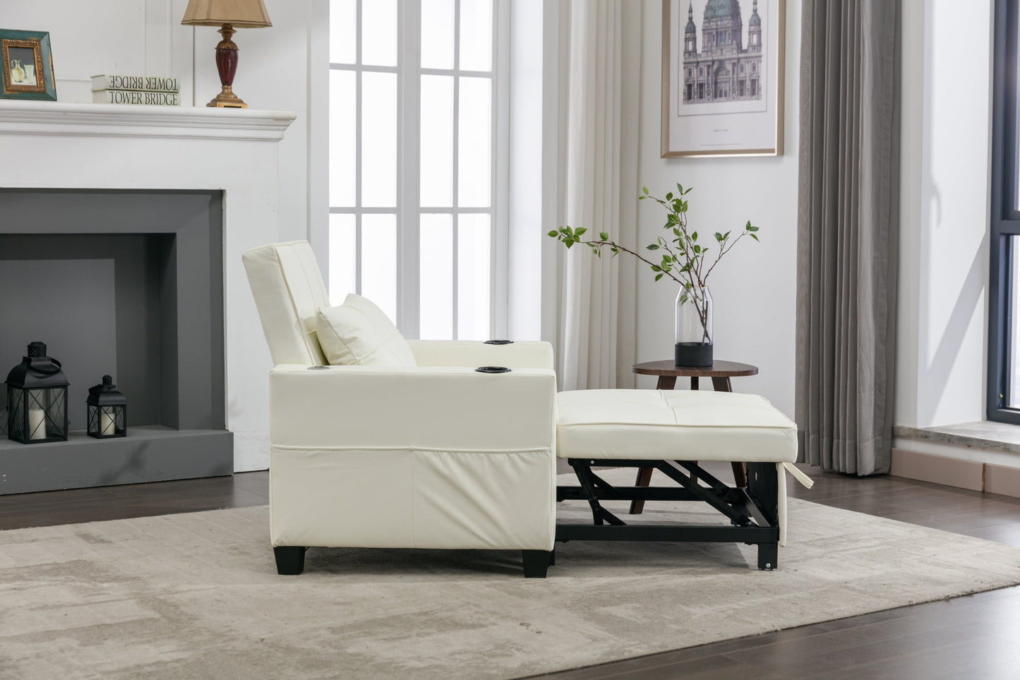 NEW Futon Chair Bed Convertible Chair 3-in-1 Pull Out Sleeper Chair Beds with USB Ports,Wear-resistant and Anti-scratch,  Armchair Bed Sleeper for Living Room (White Leather)