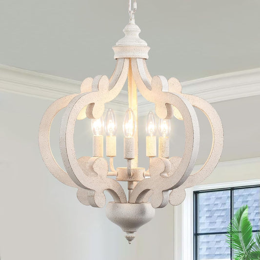 NEW Wooden Farmhouse Chandelier Distressed White Five Lights