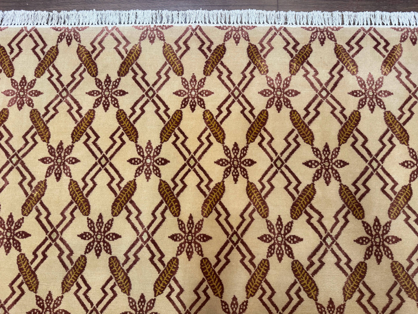 USED Tibetan Rug 8x10, Wool with Silk Highlights, Beige and Maroon, Contemporary Carpet