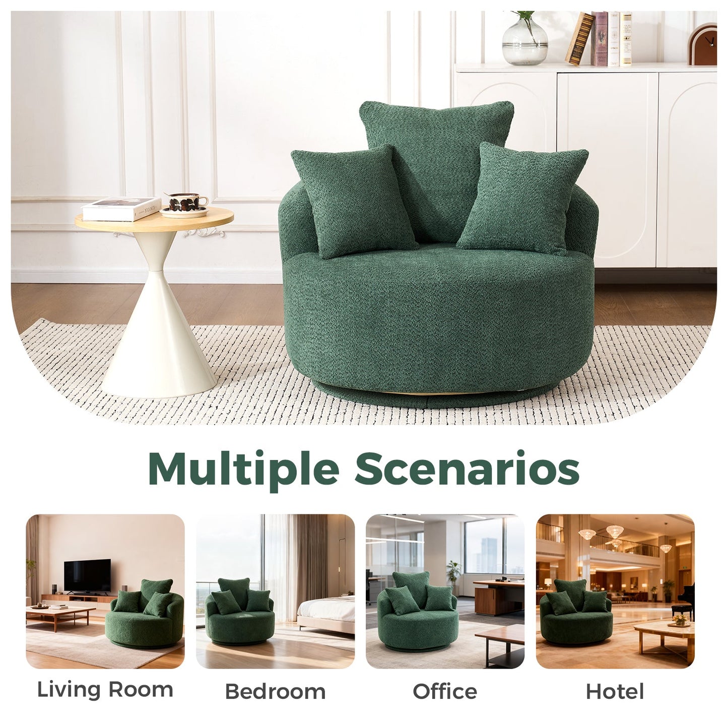 NEW 360° Green Swivel Accent Barrel Round Upholstered Sofa Chair with 3 Removable Pillows