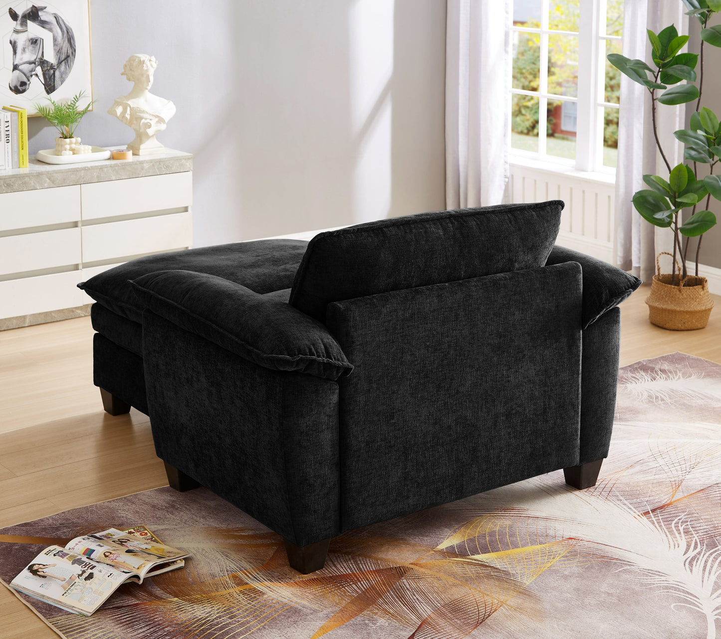 NEW 51' Oversize Chaise Lounge Chair with Ottoman and Storage  Upholstered Soft Chenille Black