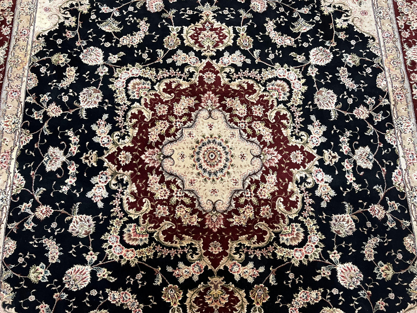 USED Pak Persian Rug 8.8 x 10.6, Floral Medallion, Wool and Silk Hand Knotted Fine Oriental Carpet, Elegant Rug, Black Gray Burgundy, Room Sized