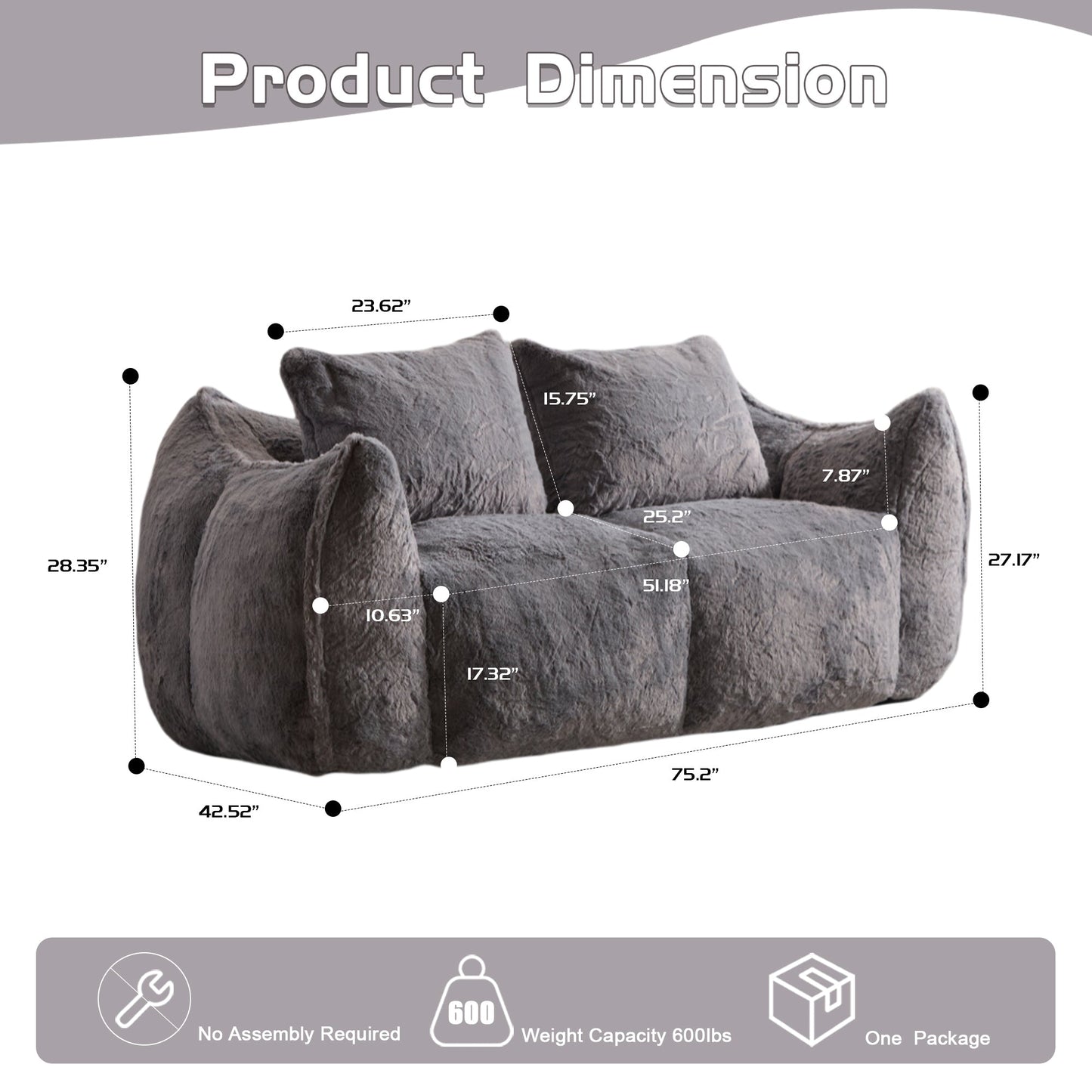 NEW Adult Ultra Soft Giant Fluffy Loveseat Bean Bag Couch Ultra Soft Fluffy Loveseat Bean Bag Sofa Reading Chair with Pillows