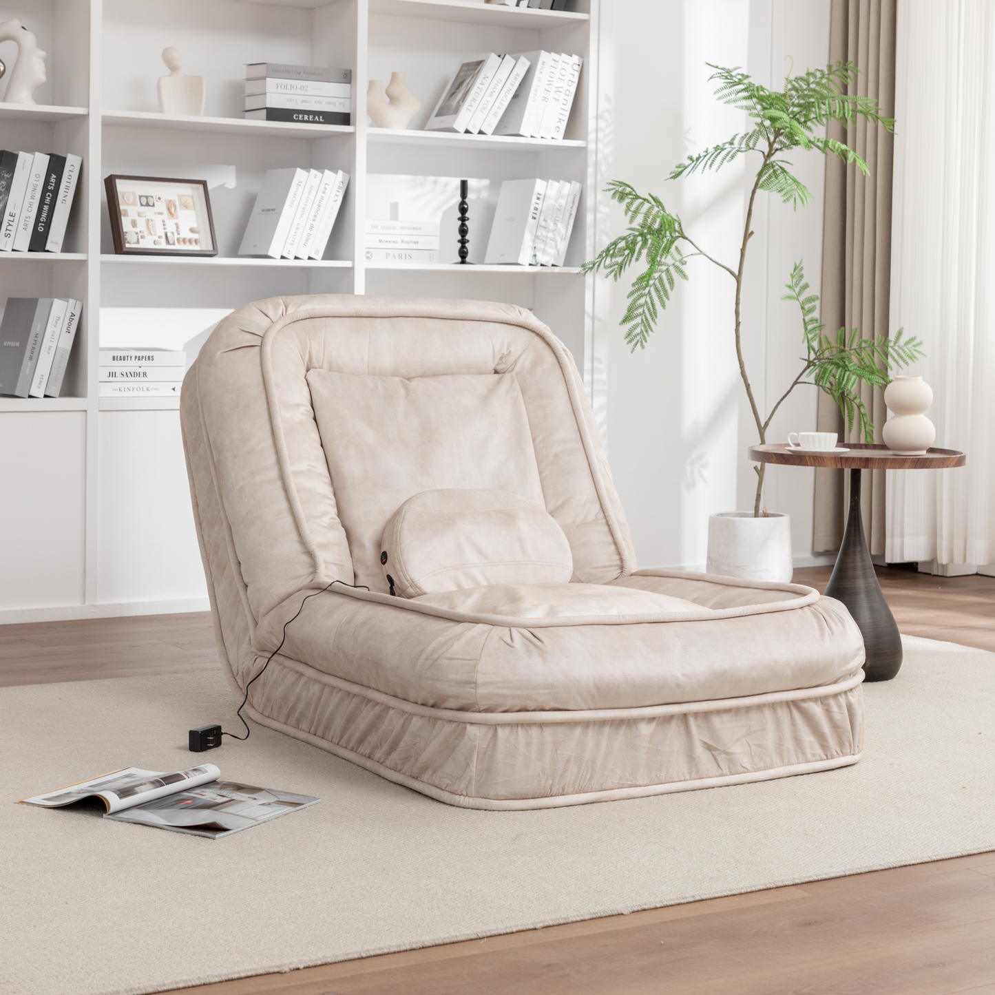 NEW 5 Adjustable Position Beige Velvet with Foam and Iron Upholstered Dog Bed for Adults and Pets - Bean Bag Floor Sofa with Massage Pillow & 2 Soft Pillows