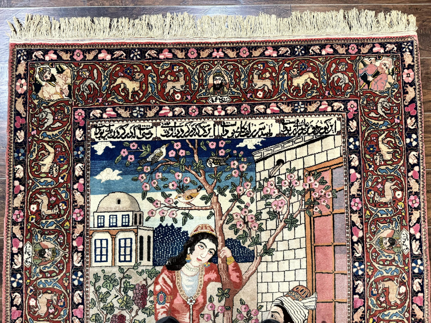 USED Wonderful Persian Kashan Pictorial Rug 4.7 x 6.5, Persian Rug for Wall Hanging, Handmade Antique Wool Carpet Animal Motifs Poetry Lovers, 240 KPSI