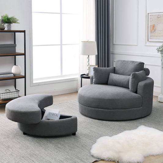 NEW Welike Swivel Accent Barrel Modern Dark Grey Sofa Lounge Club Big Round Chair with Storage Ottoman and Pillows