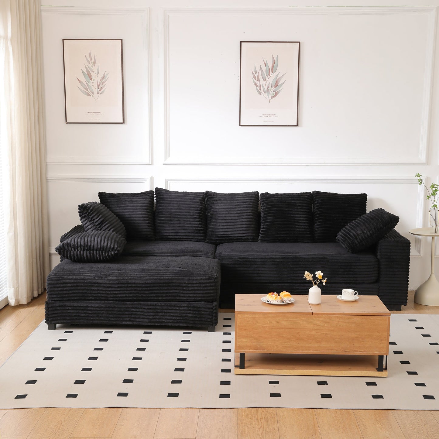 NEW 108.6' Black Thickened Corduroy L-shaped Chaise Sectional Sofa Couch with Storage Ottoman Eight Throw Pillows