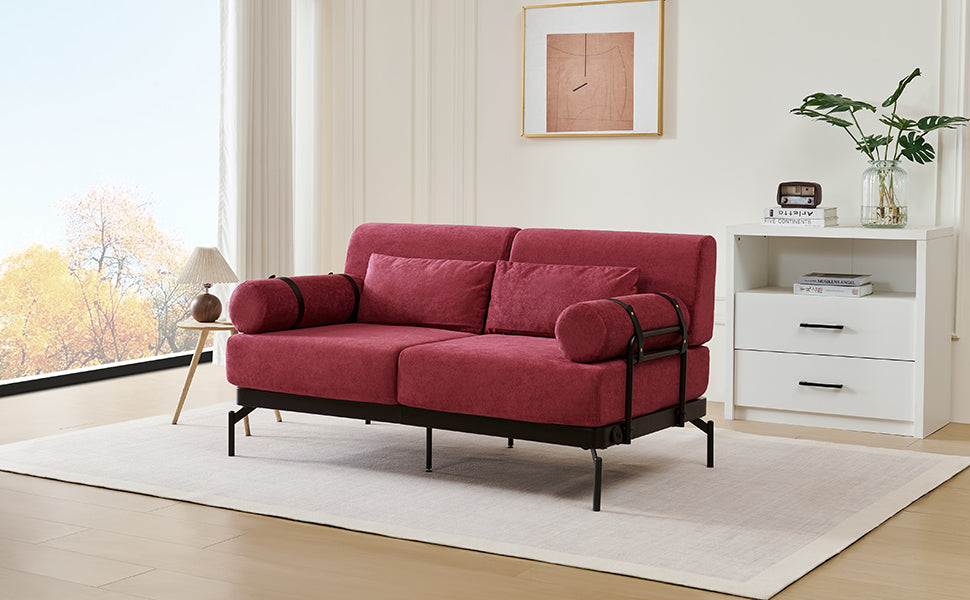 NEW Modern Red Chenille Loveseat 59' Sofa Couch 2-Seater with USB Ports Unique Cylindrical Armrests