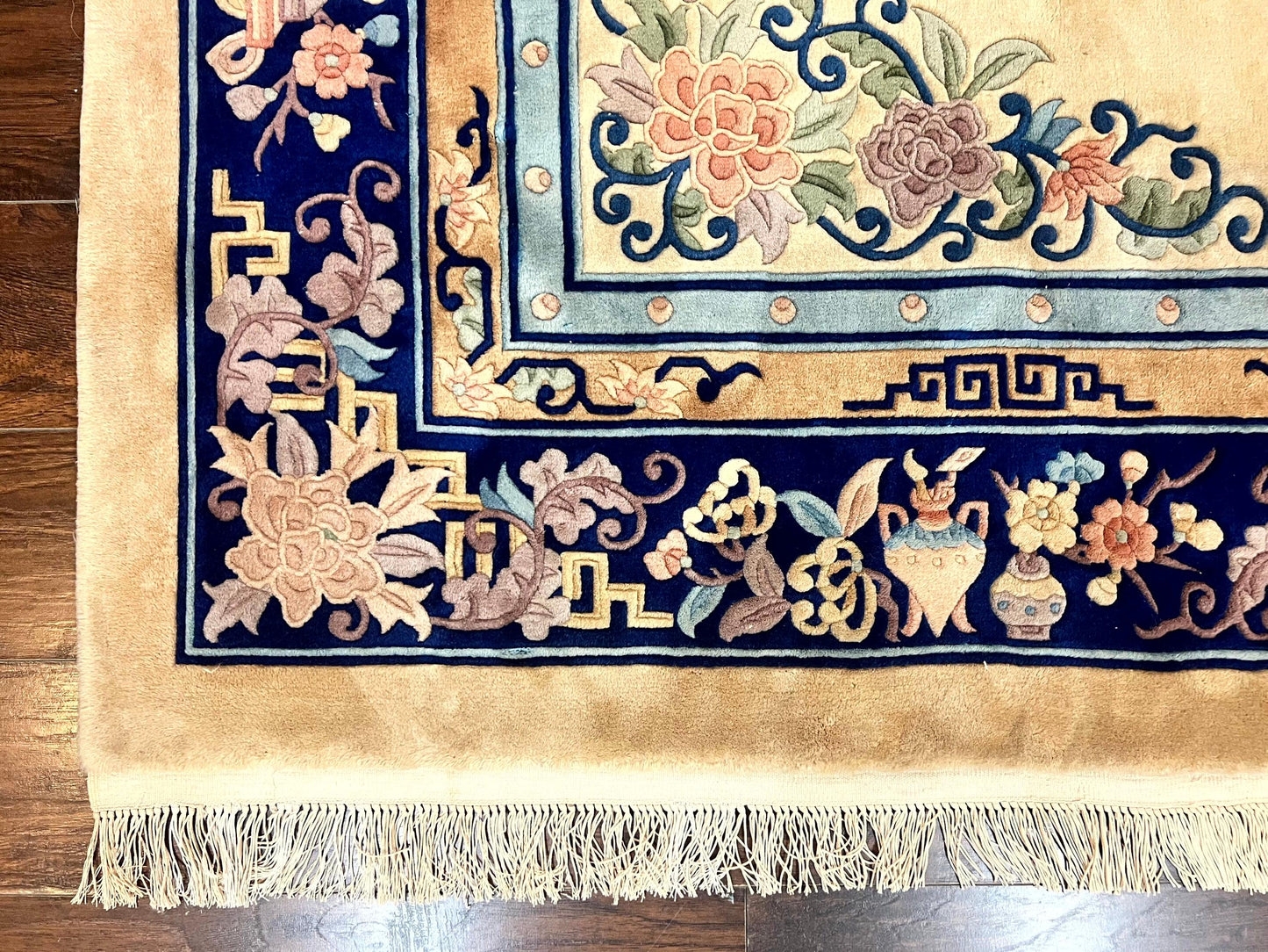USED Chinese Wool Rug 8x11, Peking Asian Oriental Carpet, Cream/Ivory and Blue, Vintage Handmade Rug, Art Deco Rug