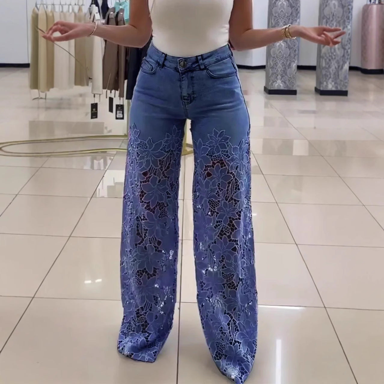 New Y2K Lace Flowers Hollow Jeans Fashion High Waist Straight Wide Leg Pants Solid Color Trousers Women's Clothing
