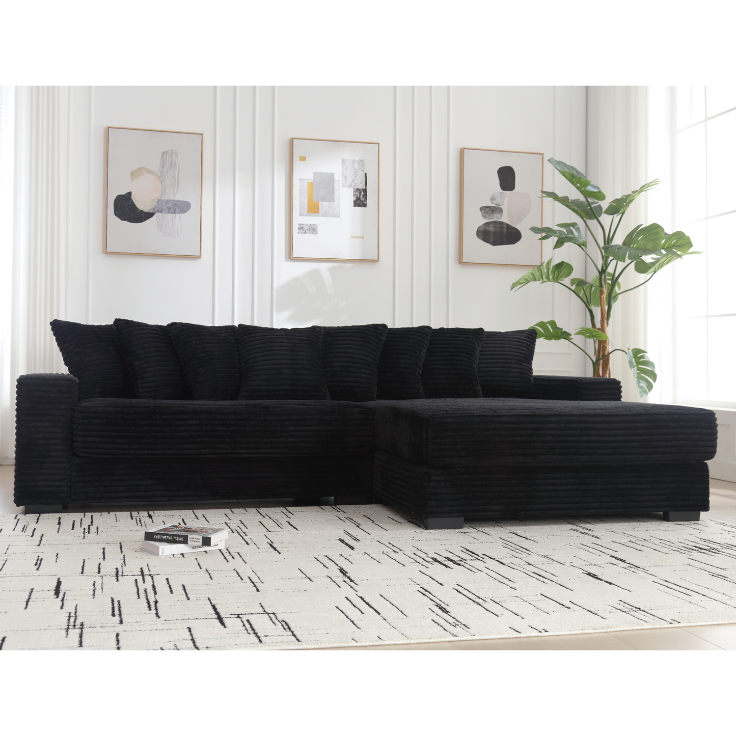 NEW Oversized Black Two-Piece Couch L Shaped Sofa Corduroy Right Chaise Daybed with Armrests Eight Throw Pillows