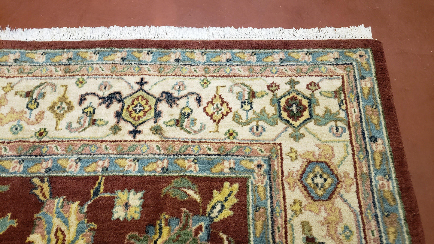 USED 8x12 Indo-Mahal Rug, Floral Allover, Red & Beige, Wool Vintage Handmade Traditional Carpet