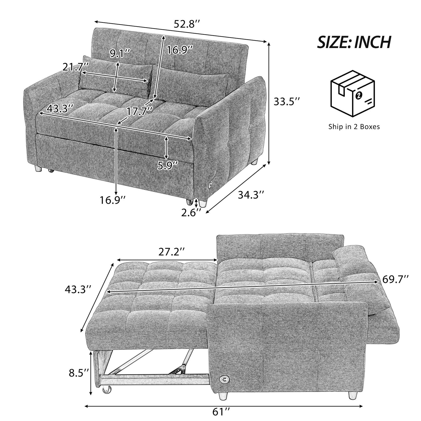 NEW Modern Loveseat Sofa Pull-out Bed with Adjustable Backrest, USB Ports, Lumbar Pillows, Blue Chenille, 52.8'