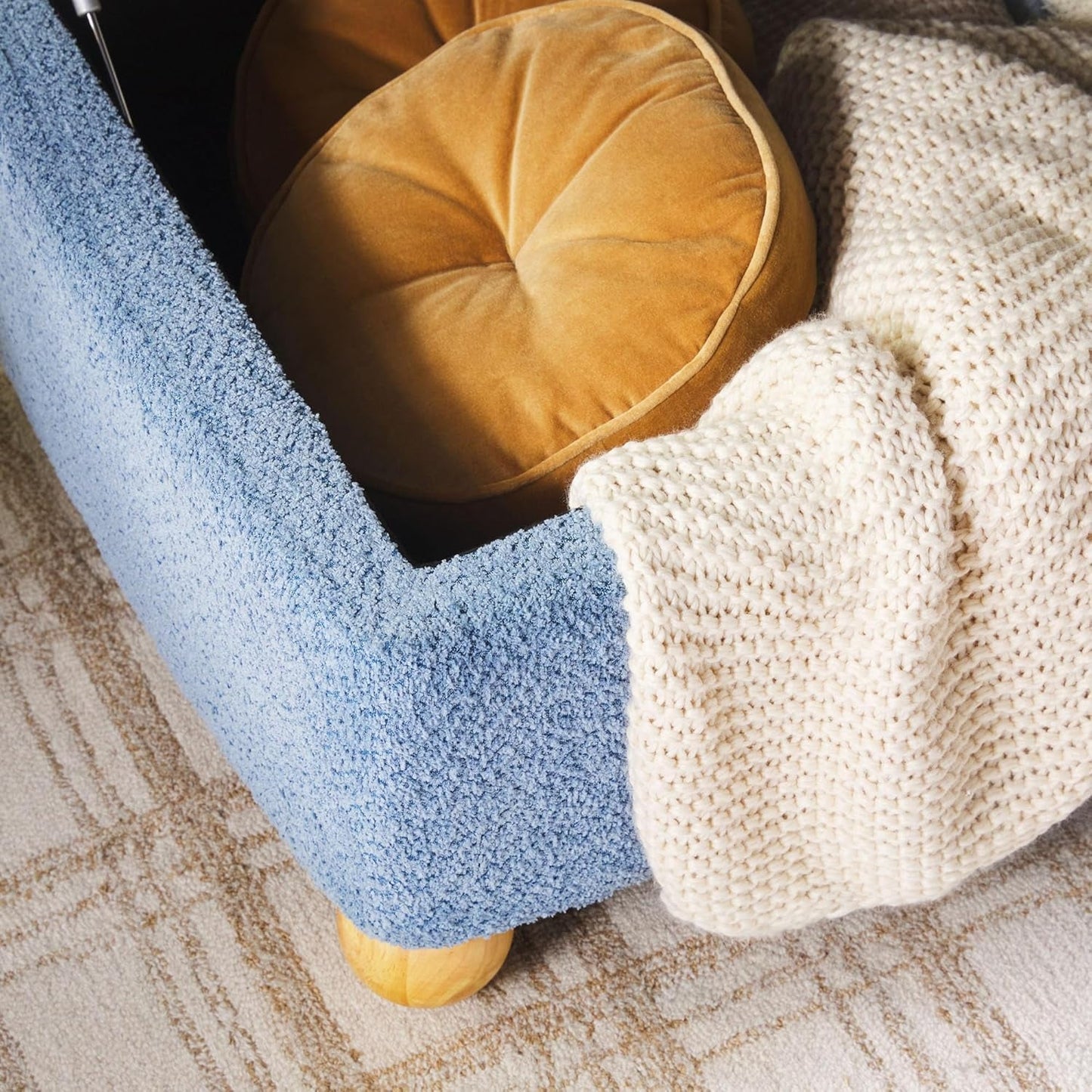 NEW Oversized Large Soft Blue Boucle Fabric Storage Ottoman