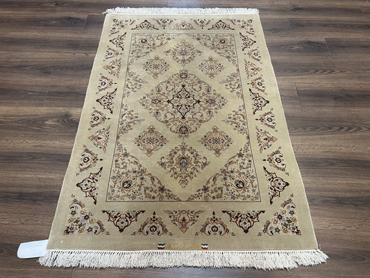 USED Very Fine Persian Isfahan Rug 3x5 ft with Signature, Kork Wool on Silk Foundation, Gray-Taupe Vintage Hand Knotted Oriental Carpet, 60 Raj 460 KPSI