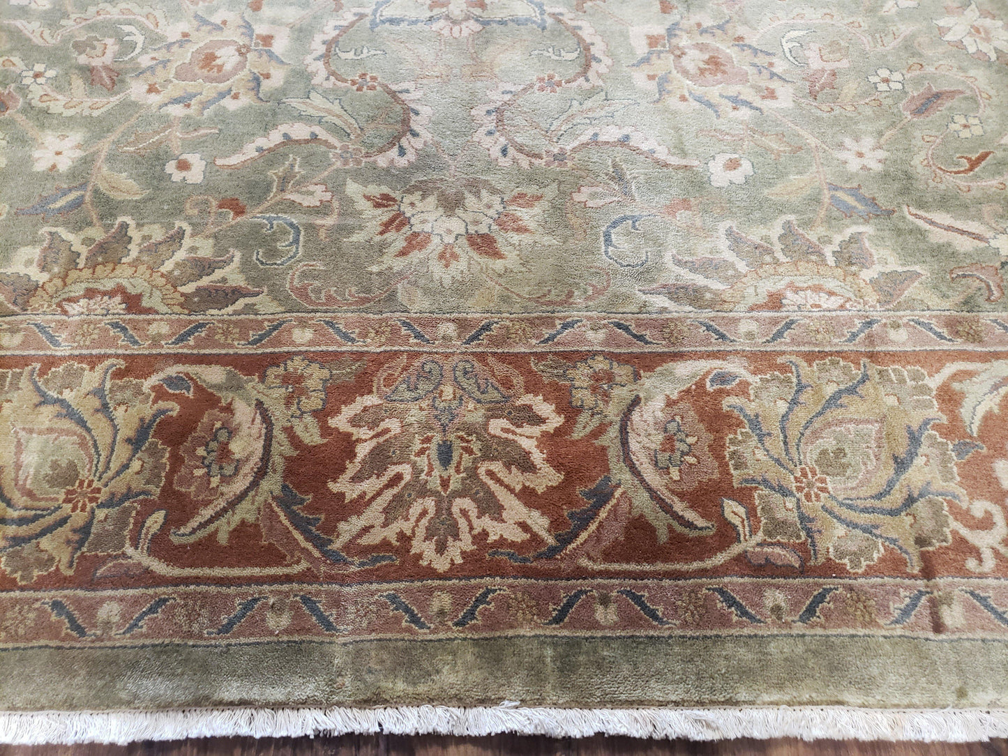 USED Vintage Indo Mahal Area Rug 9x12, Wool Hand-Knotted Laurel Green & Auburn Indian Carpet, 9 x 12 Floral Carpet, Living Room Rug
