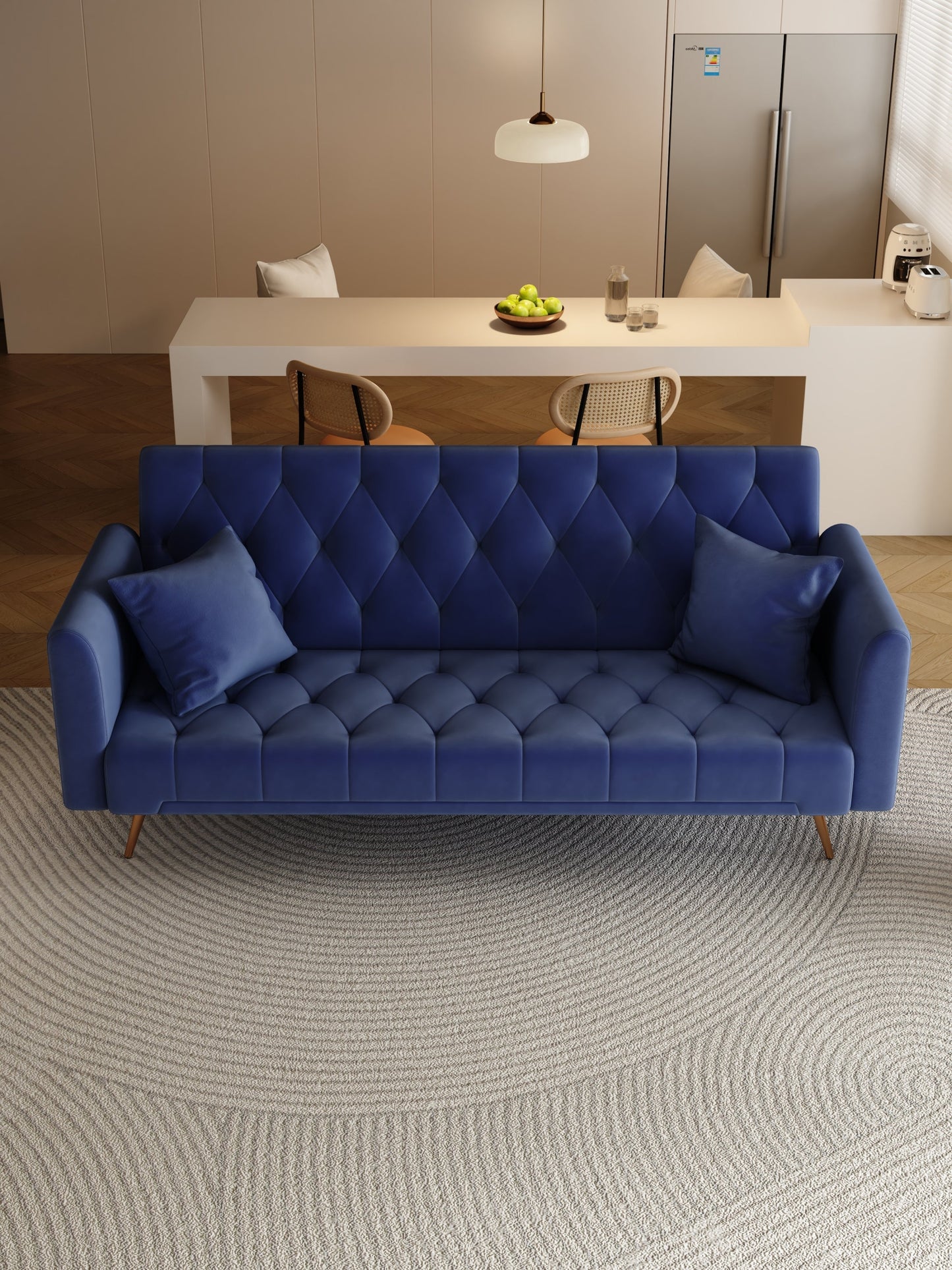 NEW 71-inch convertible love seat sofa, American retro blue velvet material, suitable for small living room, bedroom, office