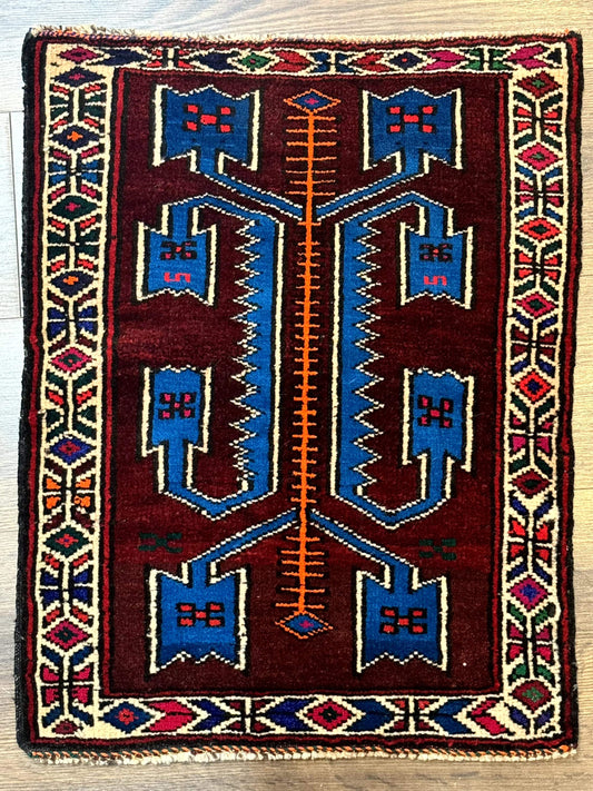 USED Persian Tribal Rug 1.8 x 2, Small Balouchi Rug, Unique Design, Burgundy and Blue