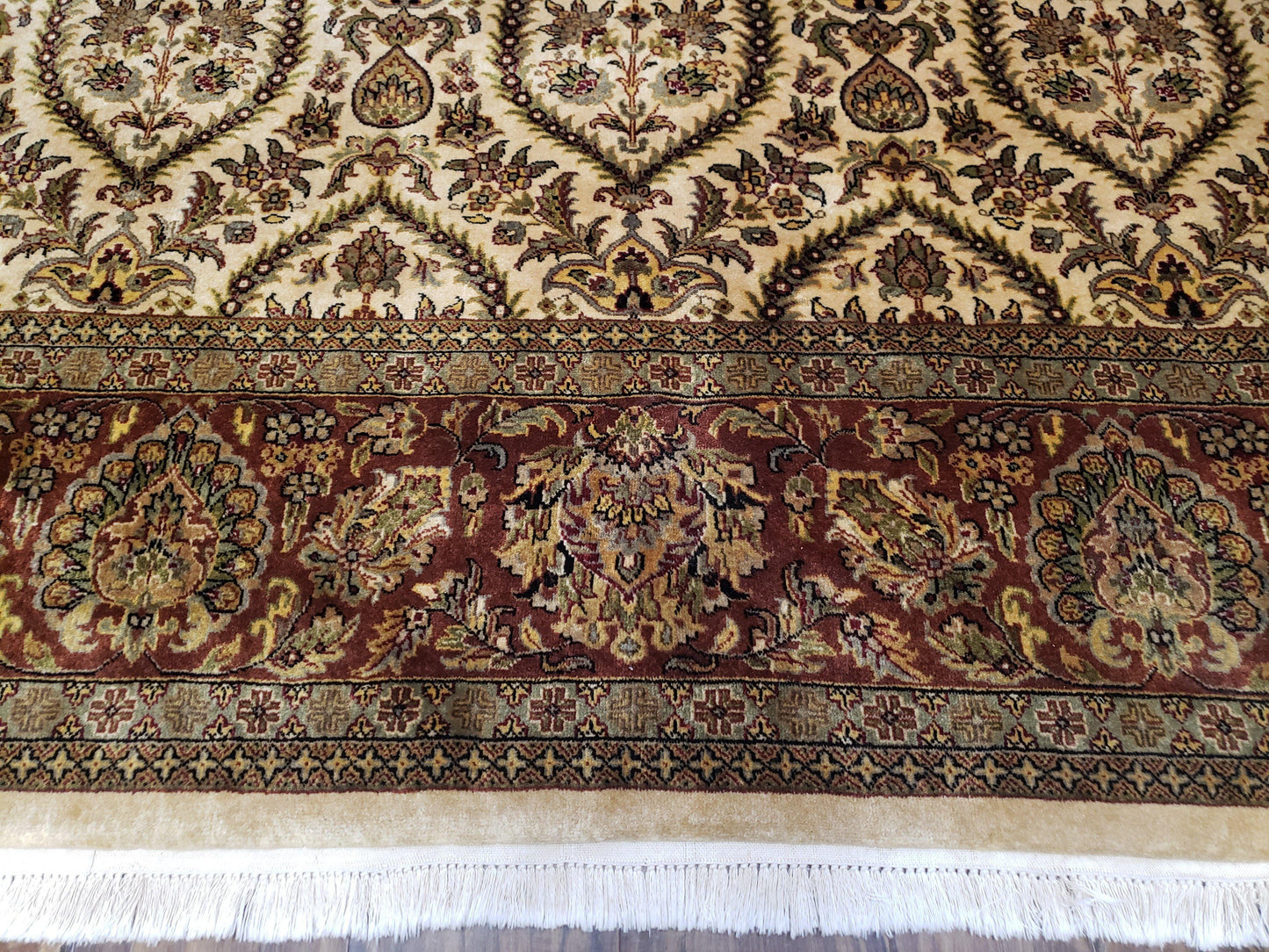 USED Vintage Indo Persian Area Rug 9x12, Wool Hand-Knotted Ivory & Dark Red Oriental Carpet, Fine Weave 9 x 12 Indian Rug, Dining Room Rug