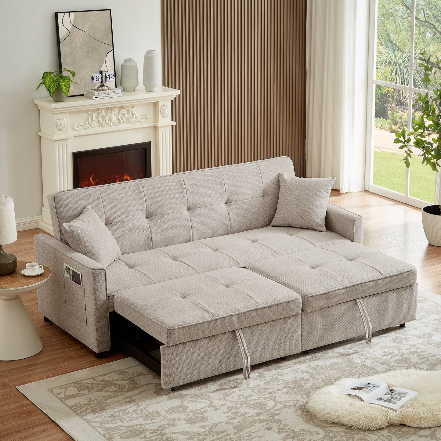 NEW Beige Fabric 3 Seat Pull-out Double Sleeper Sofa Couch with Storage Armrest