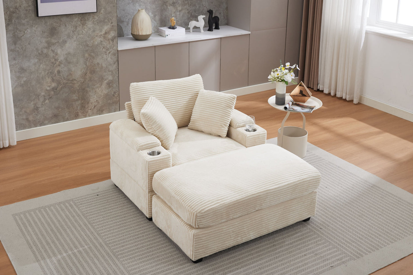 NEW Corduroy Beige Upholstered Chaise Lounge Sofa