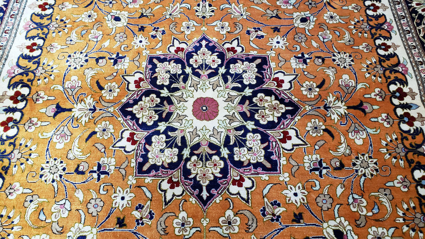 USED Vintage Persian Qum Silk Rug 4.6 x 6.7, Burnt Orange and Navy Blue, Antique Oriental Very Fine Signature Master Weaver 350+ KPSI Ghom Qom 5x7 Rug