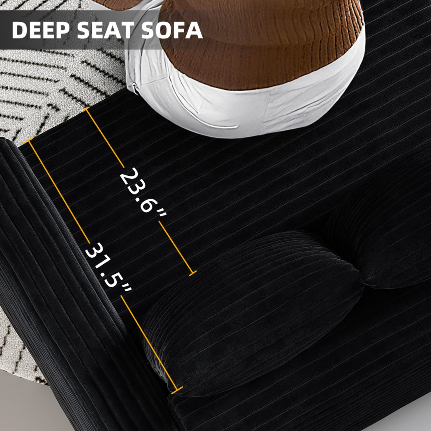 NEW 82.7' Black Plush Corduroy Deep 3-Seat Modern Comfy Upholstered Sofa Couch