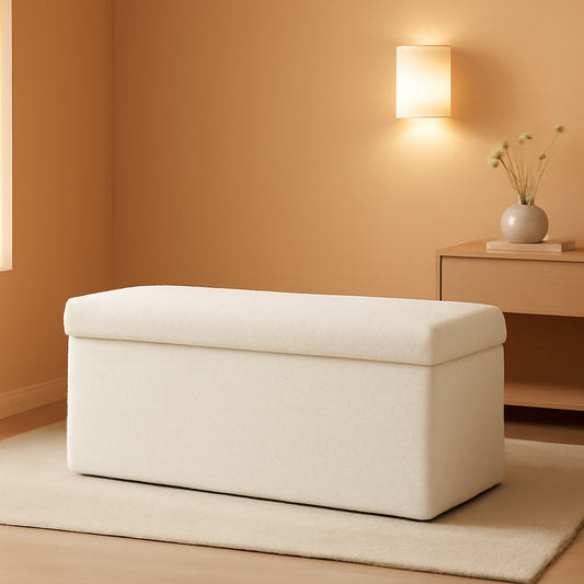 NEW Cream White Faux Fur Storage Ottoman 43.3 Inch Dimensions