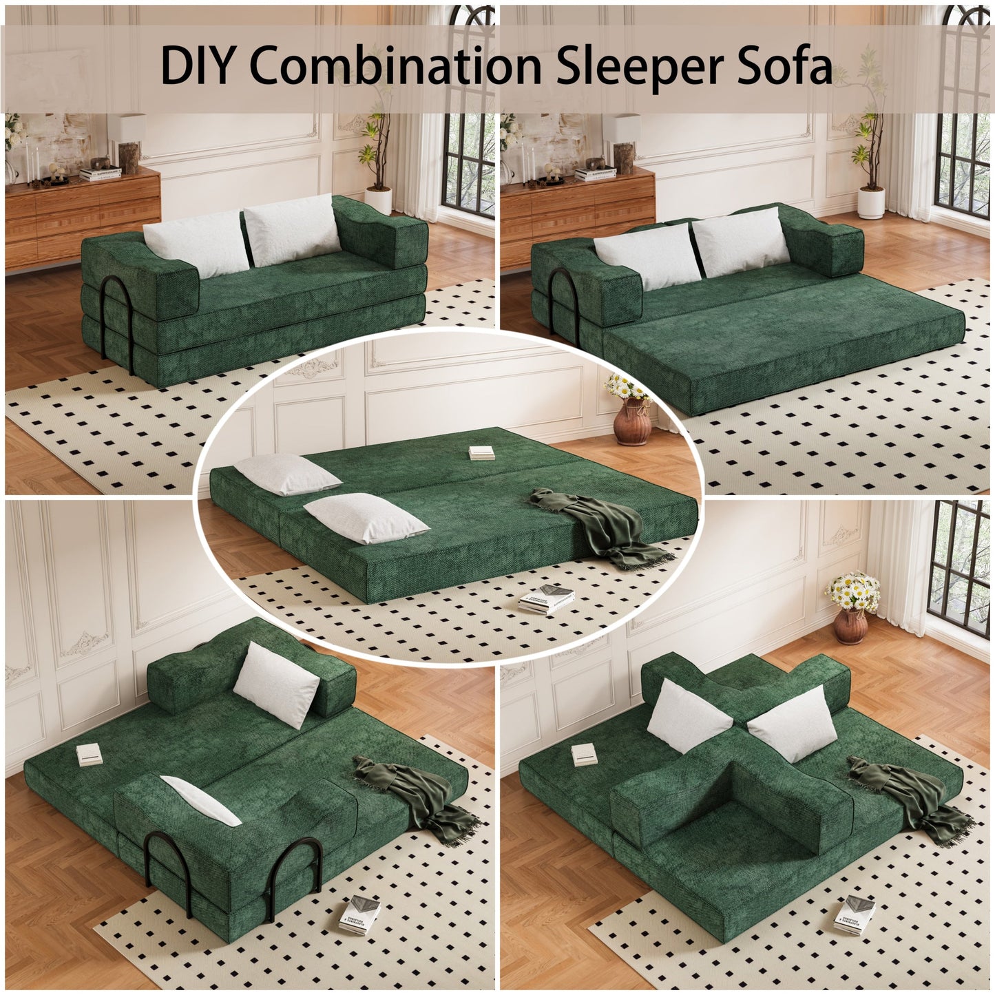 NEW 80 ' Convertible Couch Bed with 2 Pillows, 3-Seat Folding Floor Couch & King Size Bed Mattress, DIY Combination, Chenille, GREEN