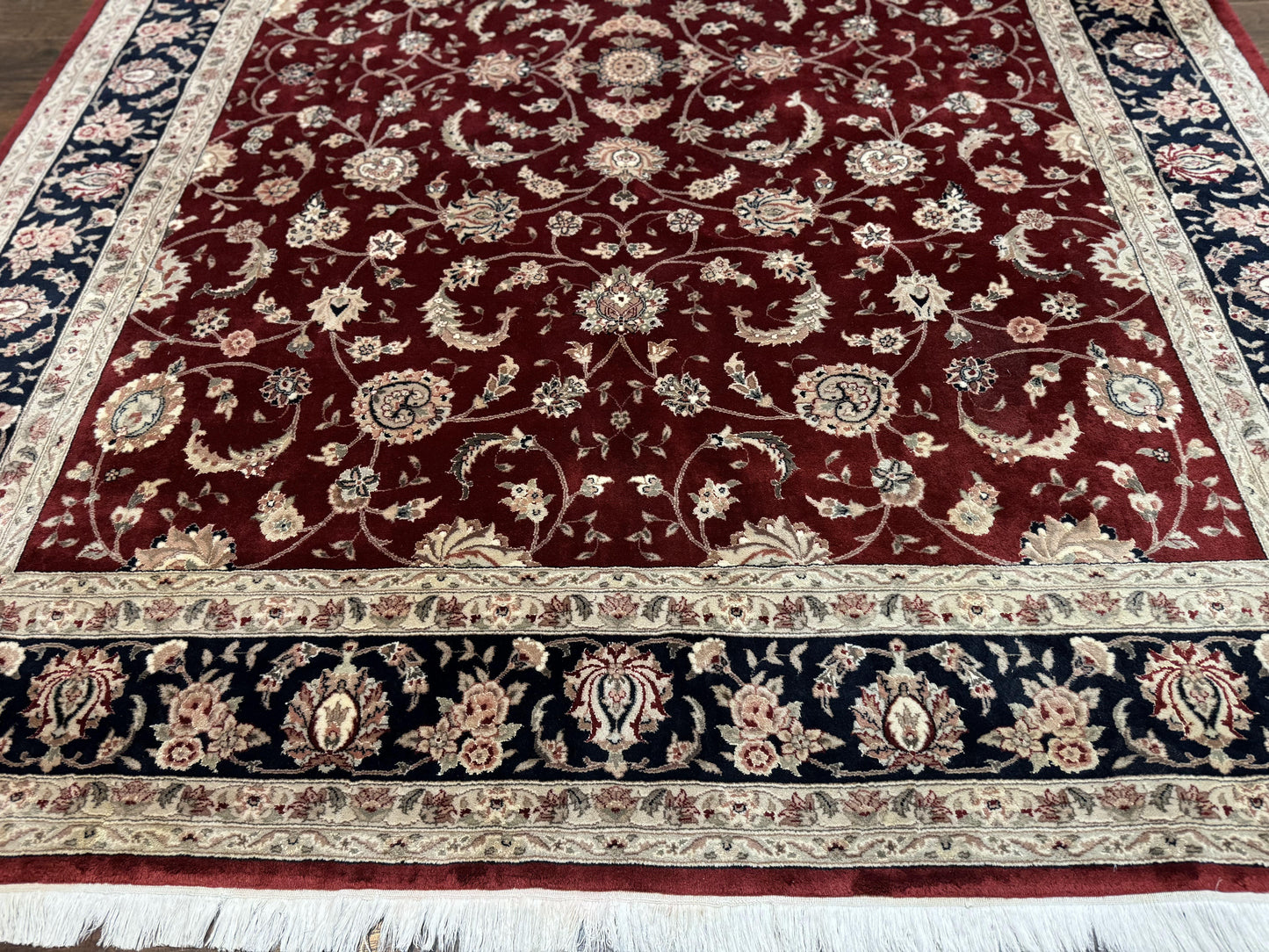USED Maroon Persian Area Rug 8x10, Floral Allover, Pak Persian, Wool and Silk Highlights, Traditional Oriental Carpet