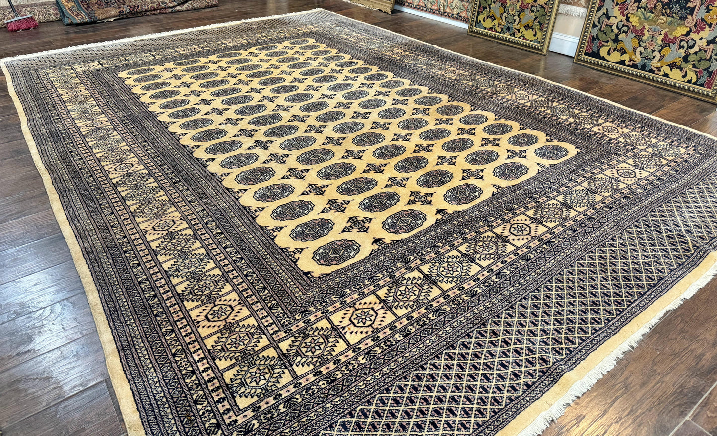 USED Pakistani Bokhara Turkoman Rug 9x11, Cream, Handmade Wool Vintage Carpet