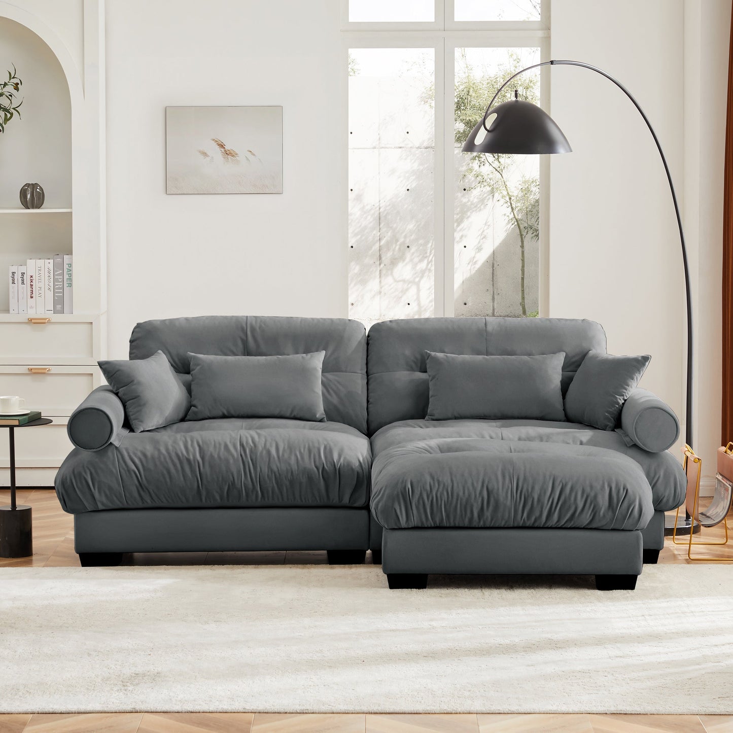 NEW Modern Grey Velvet Two-Seater Sofa with Ottoman and Round Bolster Armrests L Shape
