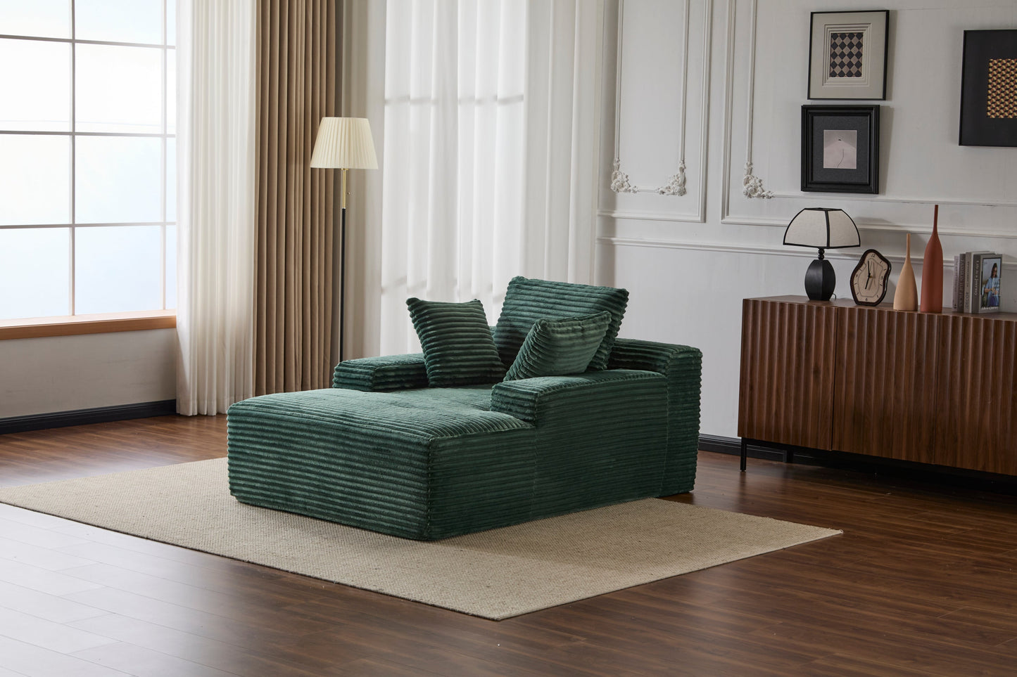 NEW Oversized Chaise Lounge Chair Cozy Cloud Couch Modern Plush Green Corduroy Upholstered Sleeper Sofa Daybed with 3 Throw Pillows and Wide Armrest