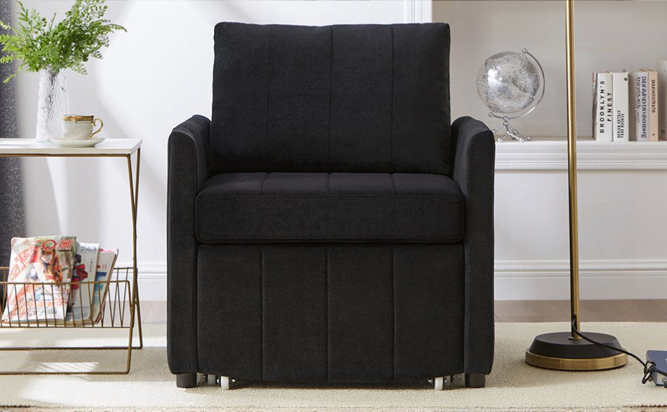 NEW Black Chenille Upholstered Convertible Sleeper Sofa with 5-Position Backrest Side Pockets Storage
