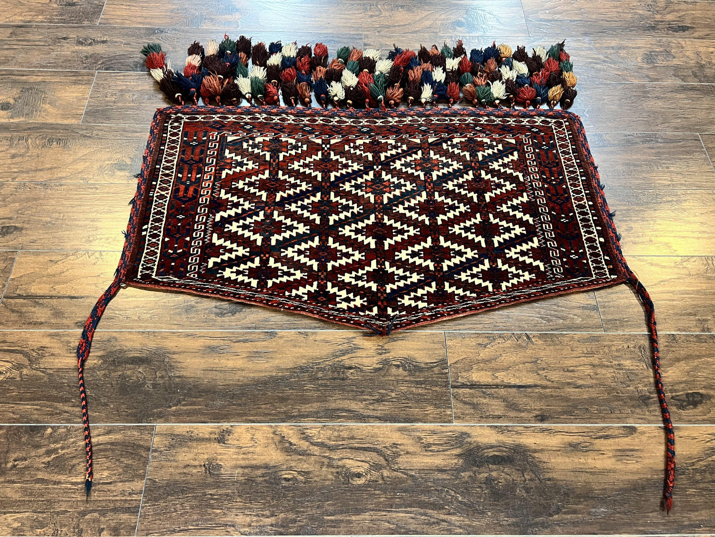 USED Antique Turkoman Camel Trapping, Turkoman Asmalyk, Red Black Ivory, Handmade, Hand Knotted Tribal Collectible Rug, Rare