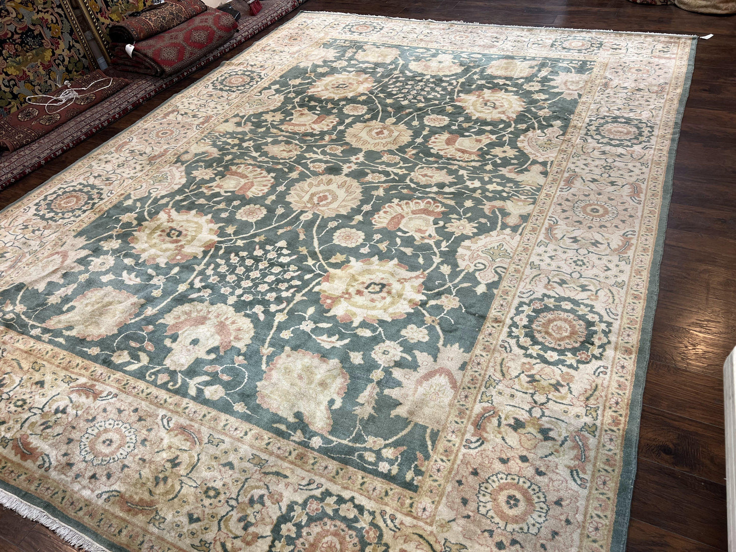 USED Egyptian Mahal Rug 10x14, Large Vintage Floral Hand Knotted Wool Carpet 10 x 14, Dark Green and Beige Traditional Handmade Persian Area Rug