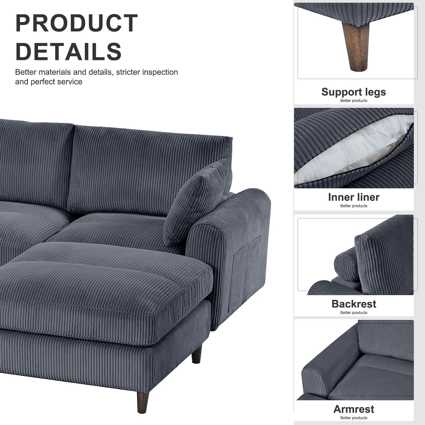 NEW Modern Gray Corduroy Oversized Modular U-Shaped Convertible Sectional Sofa Set with Pillow and Footstool