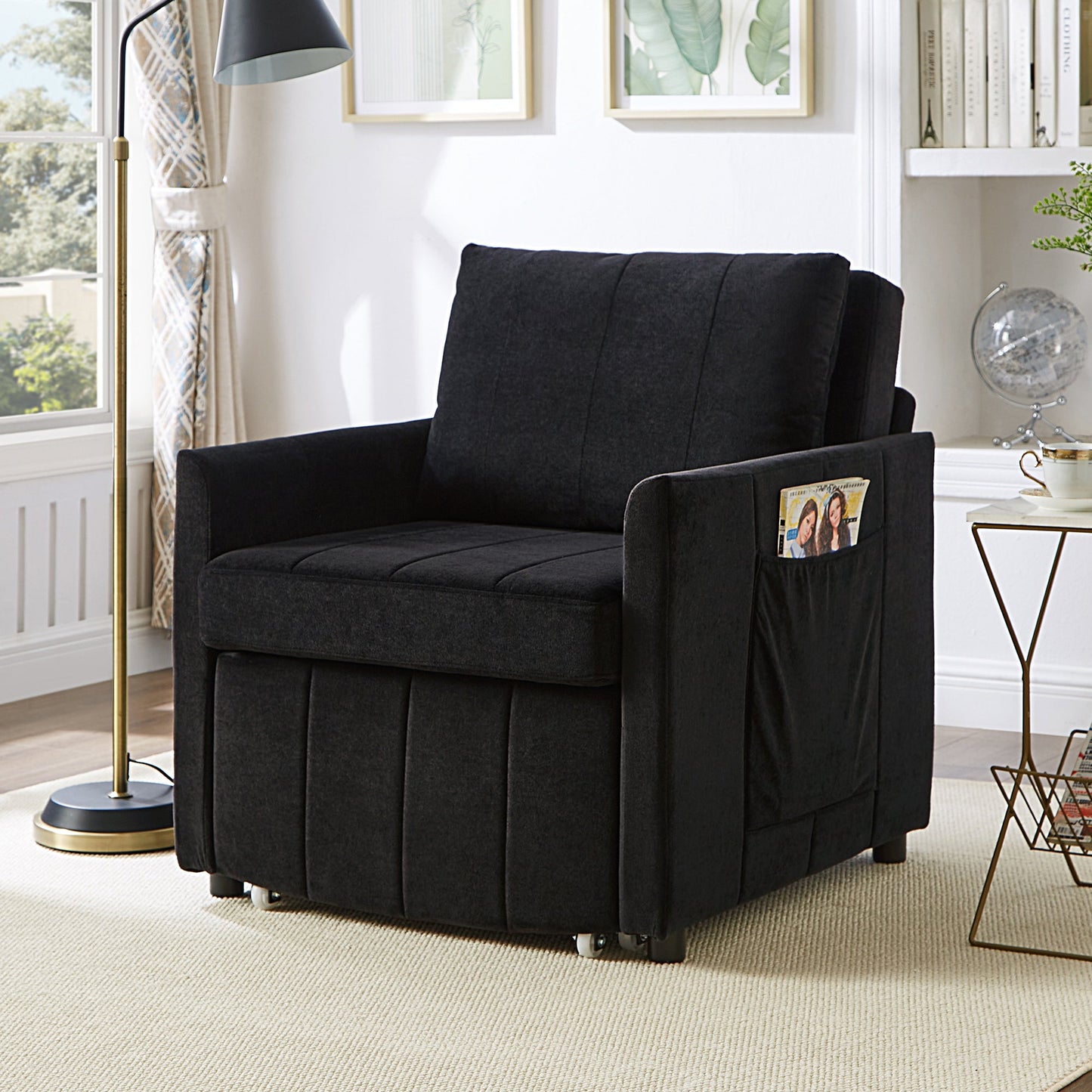 NEW Black Chenille Upholstered Convertible Sleeper Sofa with 5-Position Backrest Side Pockets Storage